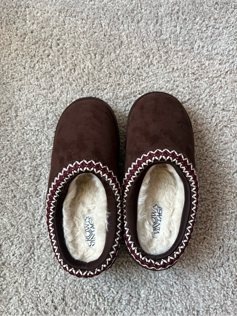 NWOT Crown Vintage Dark Brown Faux Suede Slip-On Slippers with Cream Fur